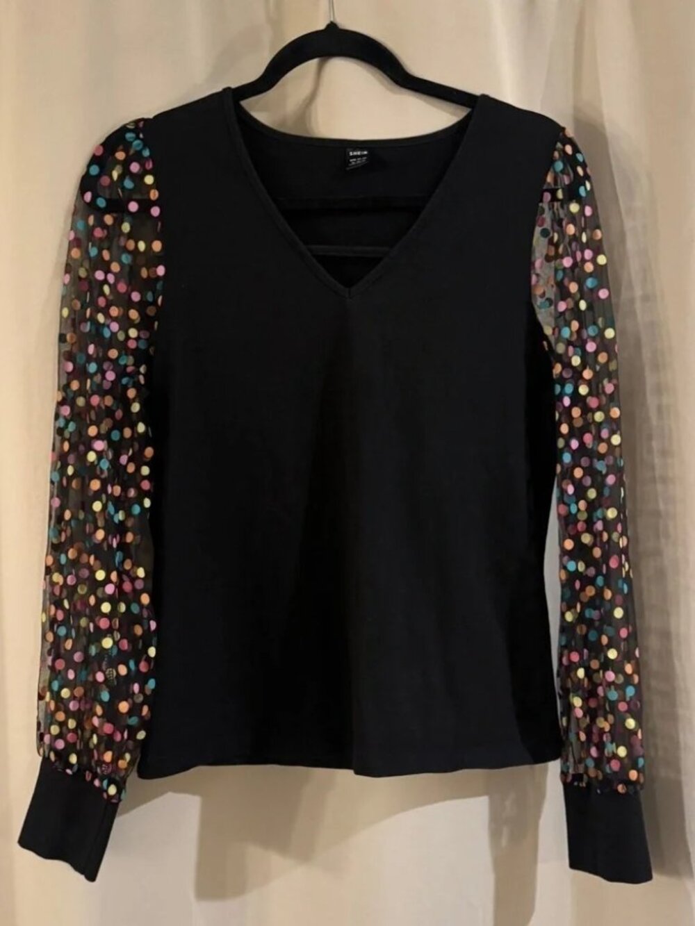 SHEIN Black Top with Colorful Polka Dot Sleeves